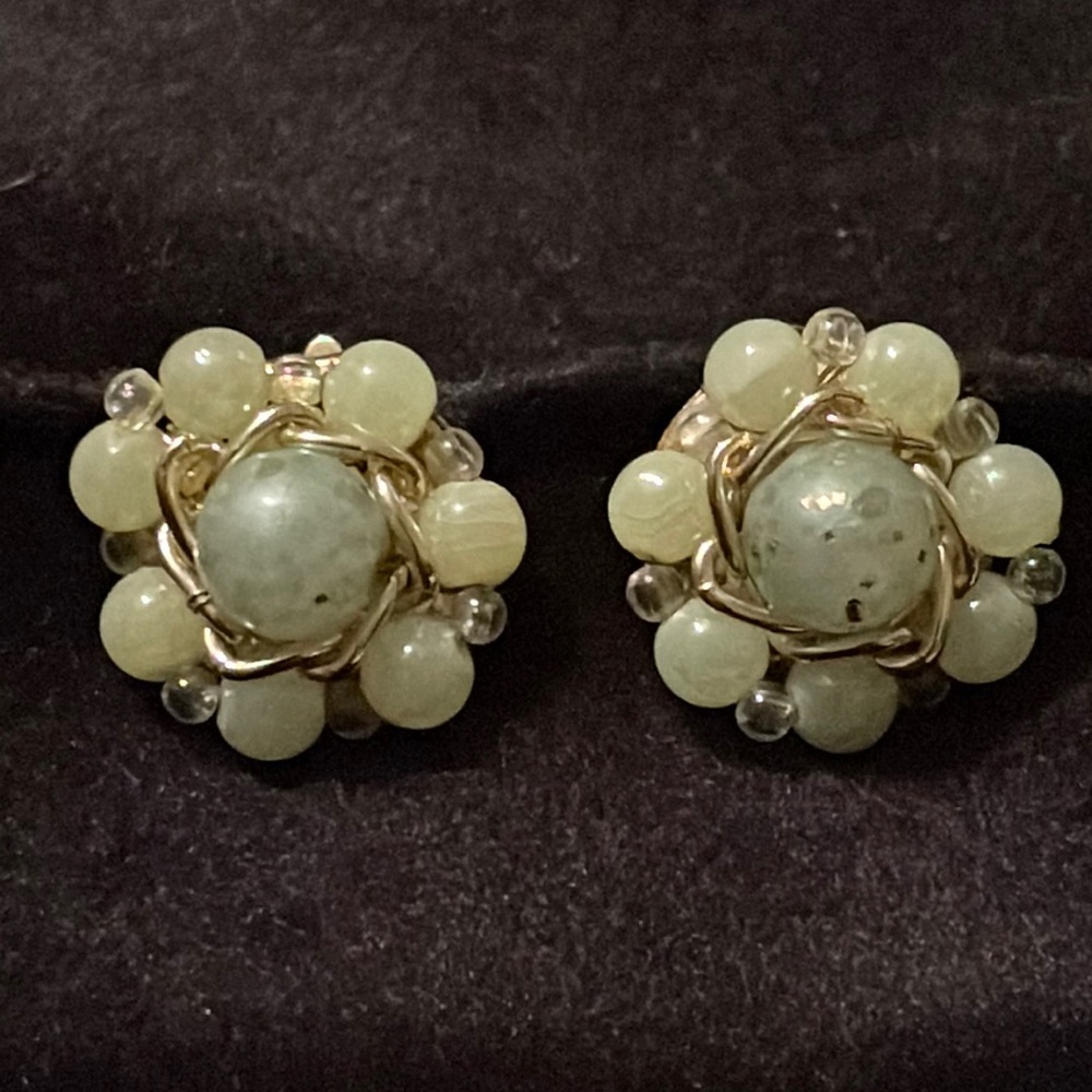 Vintage Faux Jade Beaded Cluster Clip On Earrings
